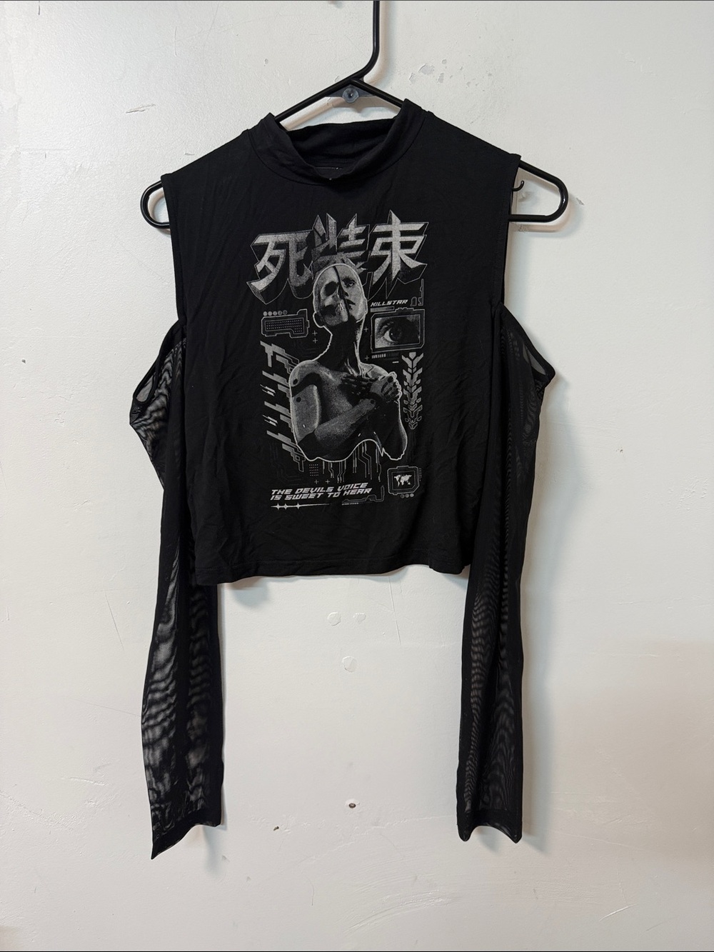 Killstar Black Graphic Cold-Shoulder Mesh Sleeve Crop Top